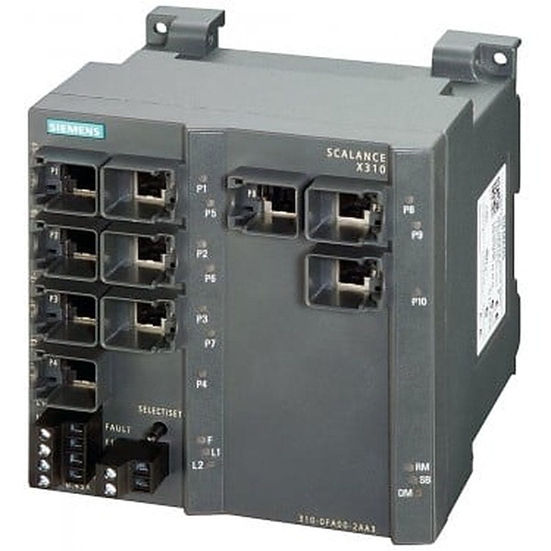 SCALANCE X310, managed plus IE switch, 3x 10/100/1000 Mbit/ and 7x 10/100 Mbit/s RJ45 ports LED diagnostics, error signaling Contact with select/set pushbutton, PROFINET IO device, network management, Integrated redundancy manager, office features (RSTP, VLAN, IGMP,..) C-plug in scope of supply.
