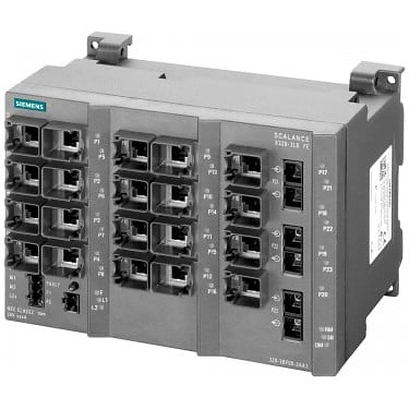 SCALANCE X320-3LDFE managed IE switch, 20x 10/100 Mbit/s RJ45 ports, 1x 100 Mbit/s SC Port MM 2x 100 Mbit/s SC Port SM LED diagnostics, error signaling contact with select/set pushbutton, PROFINET IO device, network management, integrated redundancy manager, office features (RSTP, VLAN, IGMP,..) C-PLUG in scope of supply.