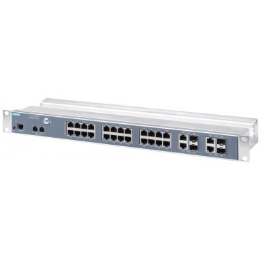 SCALANCE XR328-4C WG; managed IE switch; 19" rack; 24 x 10/100 Mbit/s electrical ports; 4 x 1000 Mbit/s combo ports electrical or optical; LED diagnostics; reset button; console port; PROFINET device; network management function; redundancy manager; power supply 24 V DC; IEC 62443-4-2 certified;