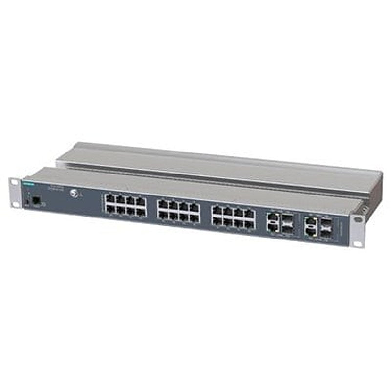 SCALANCE XR328-4C WG; managed IE switch; 19" rack; 24 x 10/100 Mbit/s electrical ports; 4 x 1000 Mbit/s combo ports electrical or optical; LED diagnostics; reset button; console port; PROFINET device; network management function; redundancy manager; no UL/FM approval; power supply 240 V AC (85 – 264 V) IEC 62443-4-2 certified;