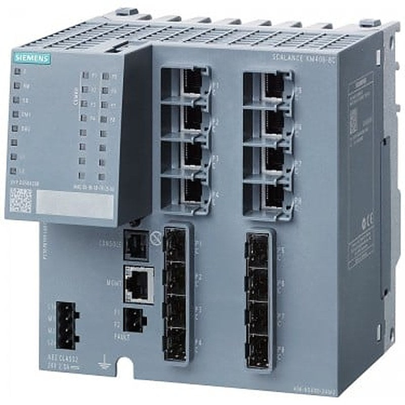 SCALANCE XM408-8C; managed modular IE switch; 8x 10/100/1000 Mbit/s RJ45; 8x 100/1000 Mbit/s SFP; contains 8 combo ports; in total 8 ports can be used; expandable to 24 ports electrical or optical; assembly: DIN rail/S7 mounting rail, PROFINET IO device; redundancy functions; office features (RSTP, VLAN, IGMP,..); C-PLUG in scope of supply; layer 3 integrated.