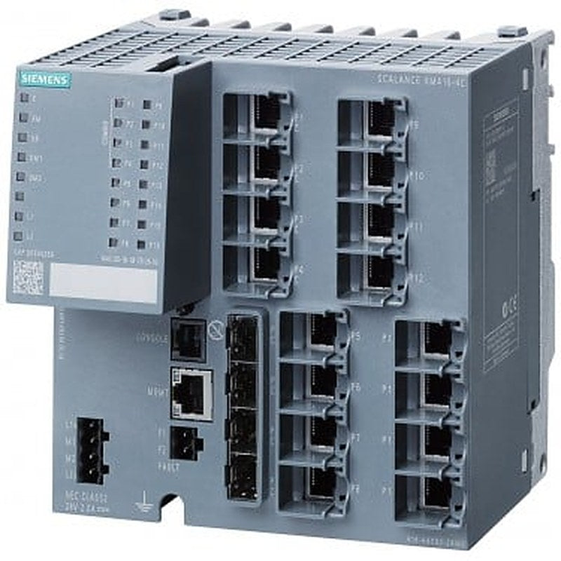 SCALANCE XM416-4C; managed modular IE switch; 16x 10/100/1000 Mbit/s RJ45; 4x 100/1000 Mbit/s SFP; contains 4 combo ports; in total 16 ports can be used; expandable to 24 ports electrical or optical; assembly: DIN rail/S7 mounting rail, PROFINET IO device; redundancy functions; office features (RSTP, VLAN, IGMP,..); C-PLUG in scope of supply; layer 3 with Key-Plug plug available .
