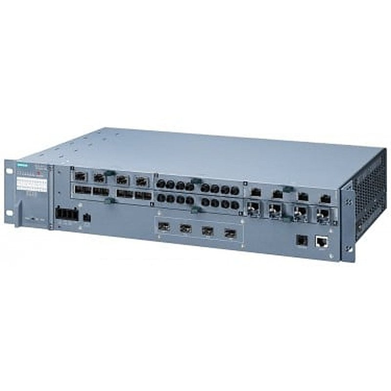 SCALANCE XR528-6M; managed IE switch; 19" rack; 4x 1000/10000 Mbit/s SFP+; 6x 100/1000 Mbit/s 4-port media modules, electrical, electrical PoE or optical; LED diagnostics; error signaling contact; Select/set pushbutton, PROFINET IO device, network management, integrated redundancy manager; office features (RSTP, VLAN, IGMP, ...); C-plug in scope of delivery Layer 3 integrated; ports at the back.