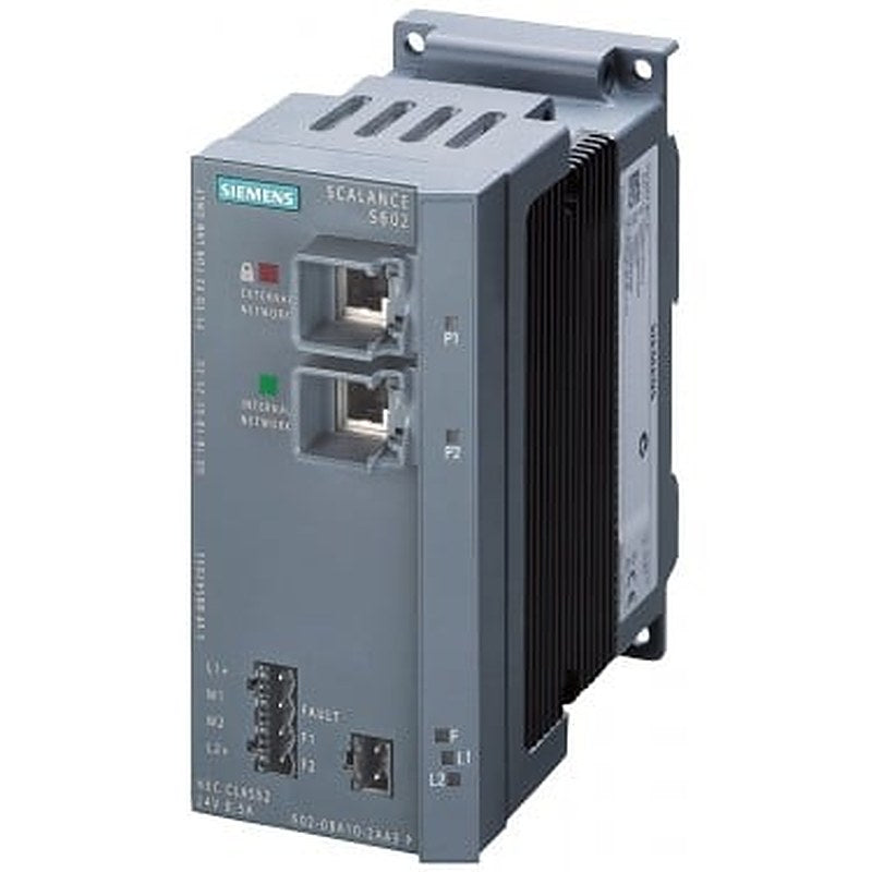 SCALANCE S602 module for protection of devices and networks in automation technology and for protection of industrial communication with firewall; further functions: address conversion (NAT/NAPT), DHCP server, syslog, symbol. names for IP addresses, PPPoE, DYNDNS, SNMP (V1+V3), global firewall rules.