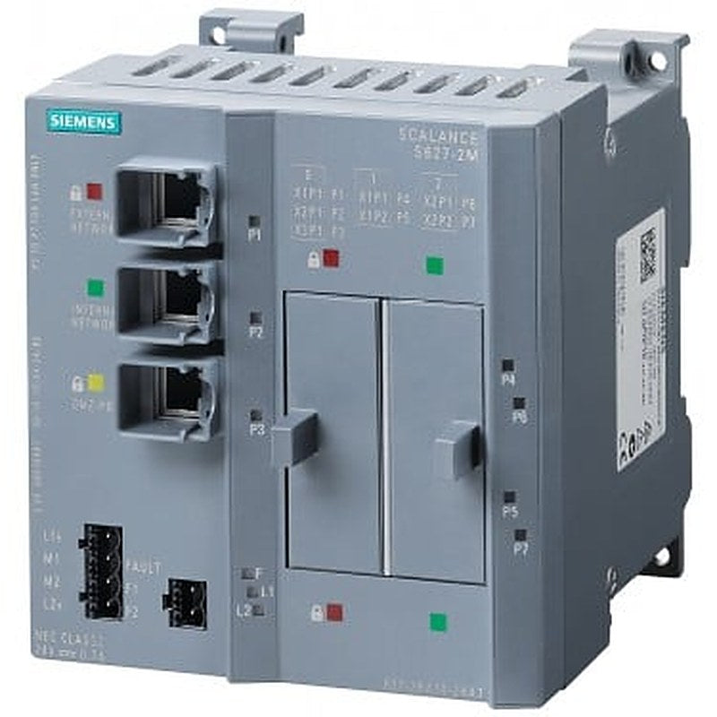 SCALANCE S627-2M module for protection of devices and networks in automation engineering and for protection of industrial communication by means of VPN and firewall; additional DMZ port for connection of a further network; 24 V power supply; further functions: coupling of redundant rings, firewall redundancy.
