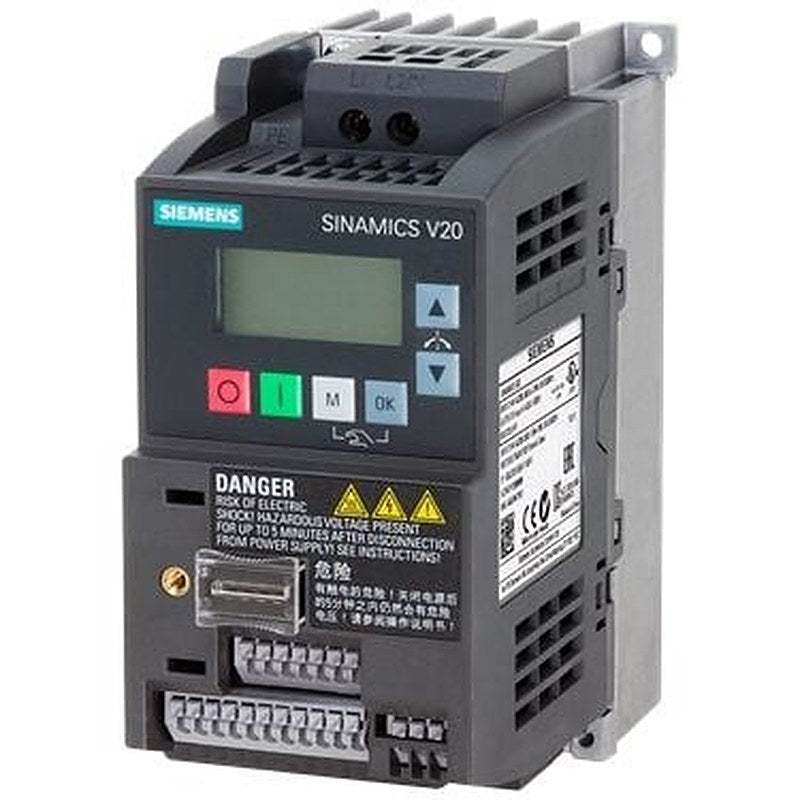 SINAMICS V20 200-240V 1AC -10/+10% 47-63Hz rated power 0.55 kW with 150% overload for 60 sec. integrated filter C1 I/O: 4 DI, 2 DO,2 AI, 1 AQ fieldbus: USS/MODBUS RTU with built-in BOP protection: IP20/ UL open size: QB 68x142x128 (WxHxD)