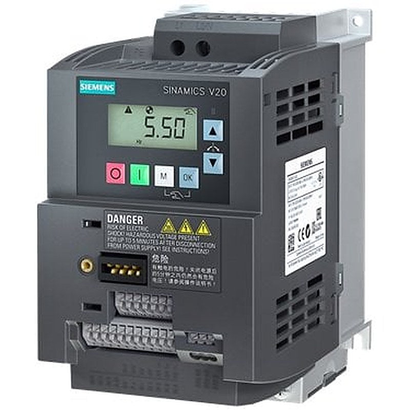 SINAMICS V20 200-240V 1AC -10/+10% 47-63Hz rated power 1.5 kW with 150% overload for 60 sec. unfiltered I/O: 4 DI, 2 DO,2 AI, 1 AQ fieldbus: USS/MODBUS RTU with built-in BOP protection: IP20/ UL open size: AC 90x160x147(WxHxD)