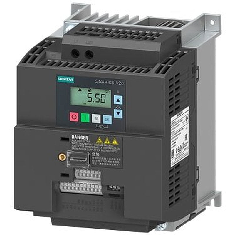 SINAMICS V20 1AC 200-240V -15/+10% 47-63Hz 2.2kW with 150% overload for 60 unfiltered I/O: 4 DI, 2 DQ, 2AI, 1AO Fieldbus: USS/Modbus with built-in BOP protection IP20/UL open Type Size:AD 136x176.5x160(WxHxD)