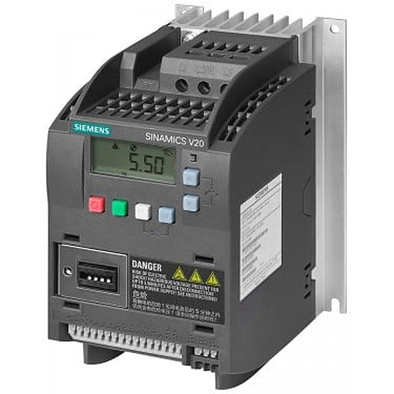 SINAMICS V20 380-480 V 3 AC -15/+10% 47-63Hz rated power 0.55 kW with 150% overload for 60 sec. unfiltered I/O: 4 DI, 2 DO,2 AI, 1 AQ fieldbus: USS/MODBUS RTU with built-in BOP protection: IP20/ UL open size: A 90x150x146 (WxHxD)