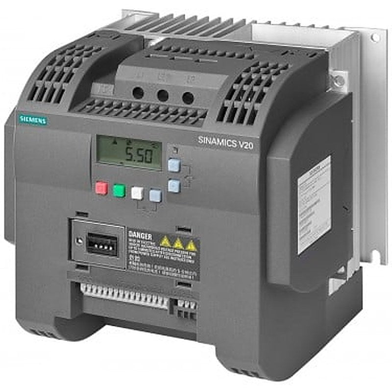 SINAMICS V20 380-480 V 3 AC -15/+10% 47-63Hz rated power 5.5 kW with 150% overload for 60 sec. Integrated filter C3 I/O: 4 DI, 2 DO,2 AI, 1 AQ fieldbus: USS/MODBUS RTU with built-in BOP protection: IP20/ UL open size: C 184x182x169 (WxHxD)