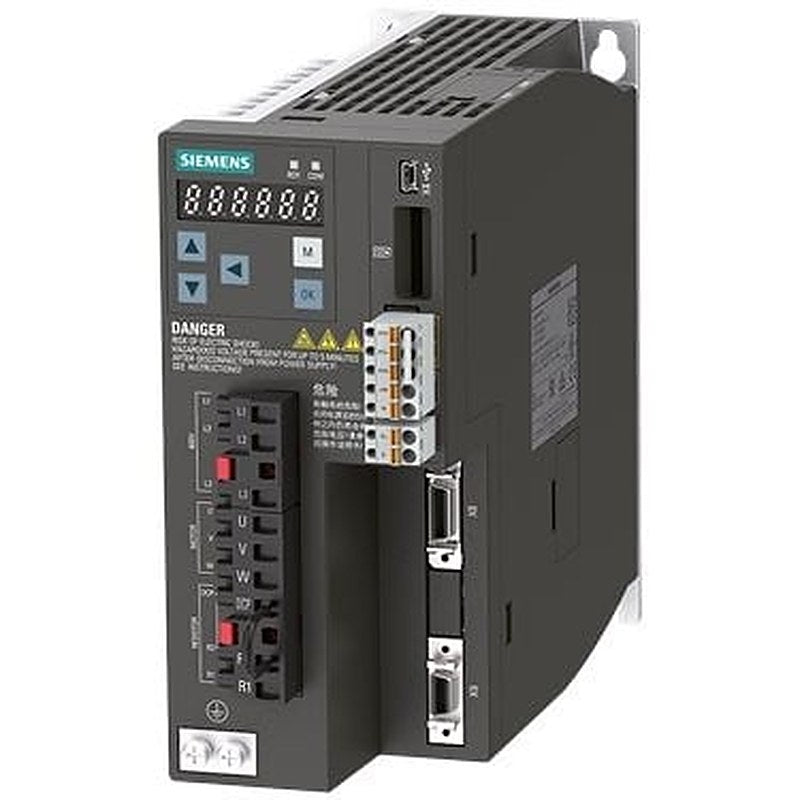 SINAMICS V90, with PROFINET Input voltage: 380-480 V 3 A -15%/+10% 2.6 A 45-66 Hz Output voltage: 0 – Input 2.1 A 0-330 Hz Motor: 0.75 kW Degree of protection: IP20 Size A, 80x180x200 (WxHxD)