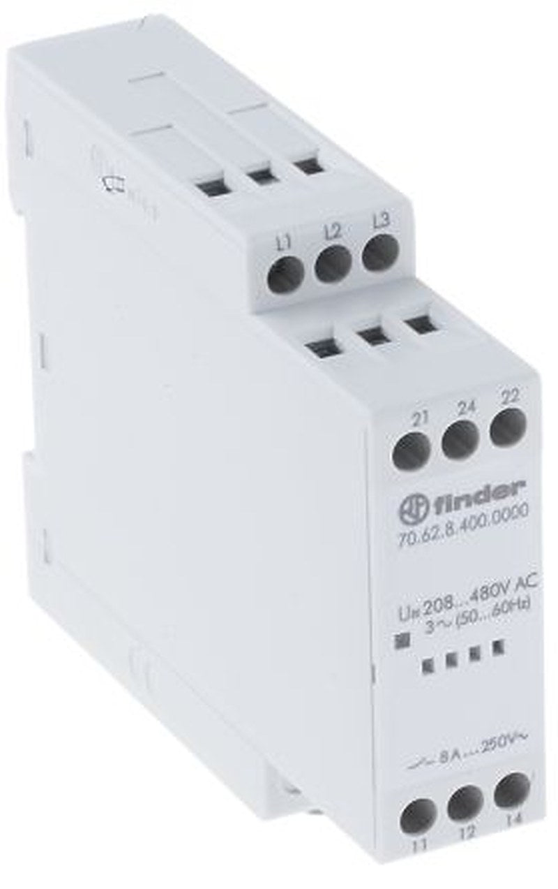Finder Monitoring Relay, 3 Phase, DPDT, DIN Rail, 480V ac