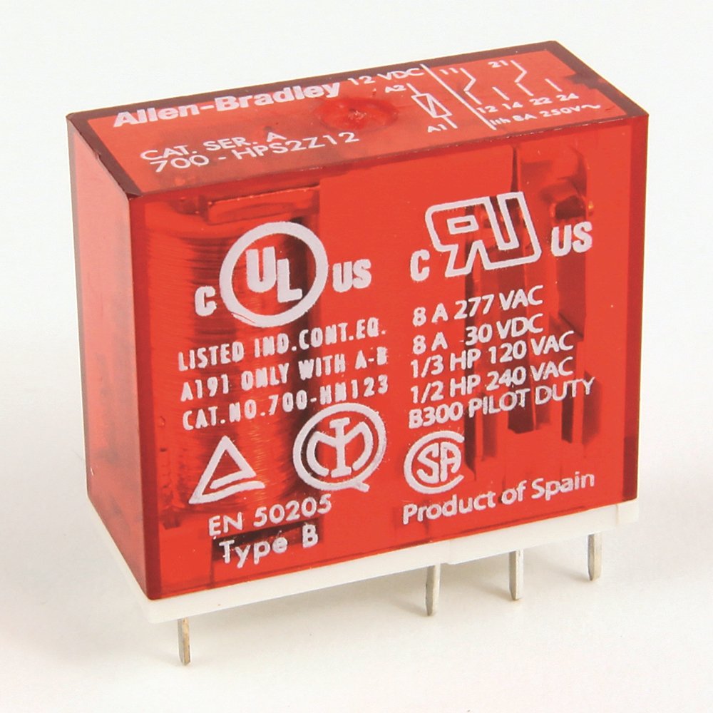 Safety Control Relay, 700-HP General Purpose PCB PIN Style Relay, 8 A, 2 Pole, DPDT, 12V DC, (Pkg. Qty. of 10)