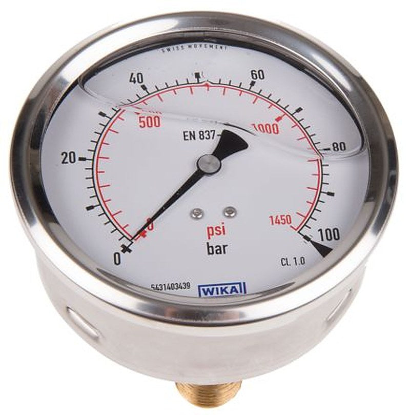 WIKA 1/2 in G Male Pressure Gauge, 100 mm, 100 bar, RSCAL