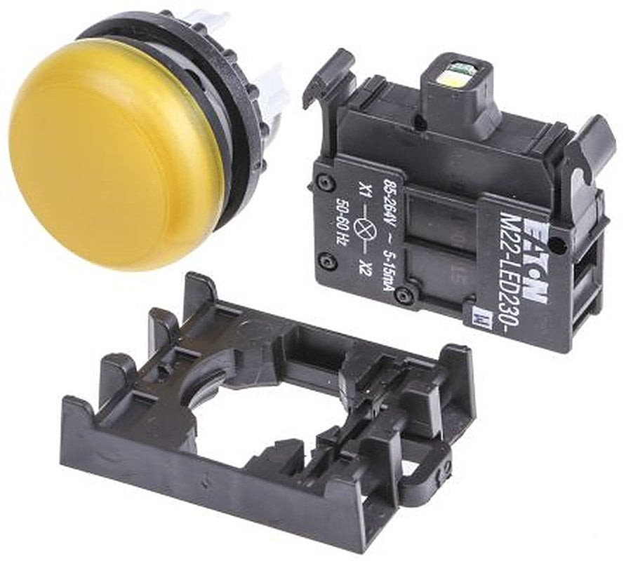 Eaton, RMQ Titan M22, Flush, Rear, Surface Mount Yellow LED Pilot Light, 22 mm Cutout, IP69K, Round, 12 V, 30V ac/dc