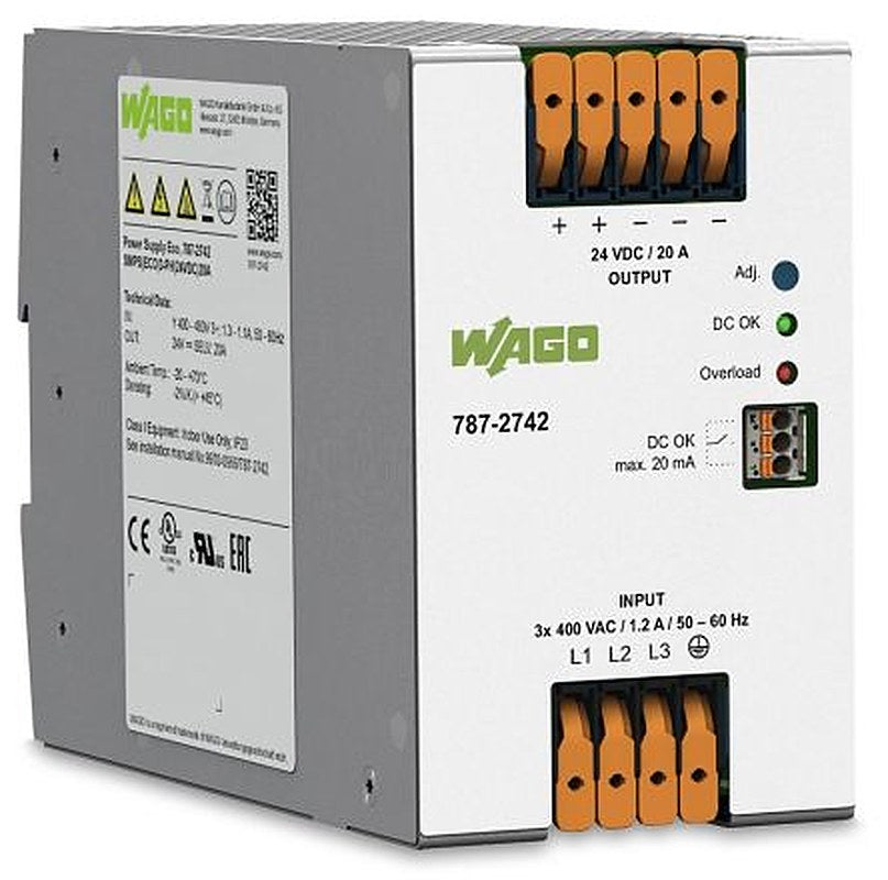 WAGO DIN Rail Power Supply 24V dc, 20 A Output 480 W