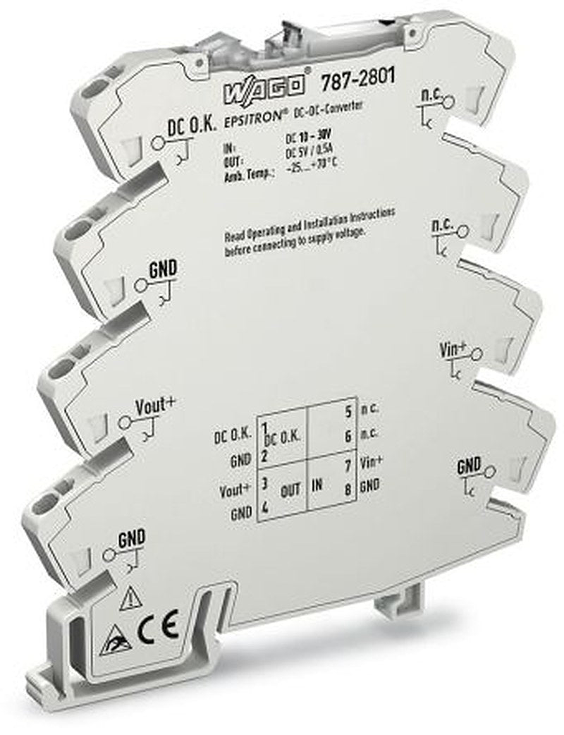 WAGO 787 DC/DC Converter, 5V dc/ 500 mA, 24V dc Input, 24V dc Input, DIN Rail 2.5 W, 70 °C Max Temp -25 °C Min Temp