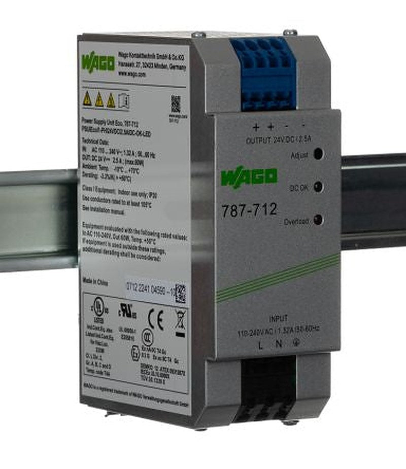WAGO 787 Switched Mode DIN Rail Power Supply 230V ac/dc AC/DC Input 24V dc, 2.5 A Output DC 60 W