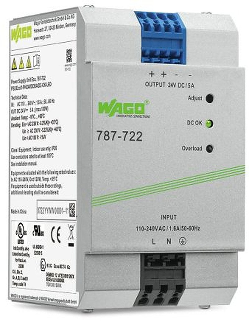 WAGO 787 Switched Mode DIN Rail Power Supply 230V ac/dc AC/DC Input 24V dc, 5 A Output DC 120 W