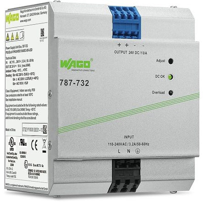 WAGO 787 Switched Mode DIN Rail Power Supply 230V ac/dc AC/DC Input 24V dc, 10 A Output DC 240 W