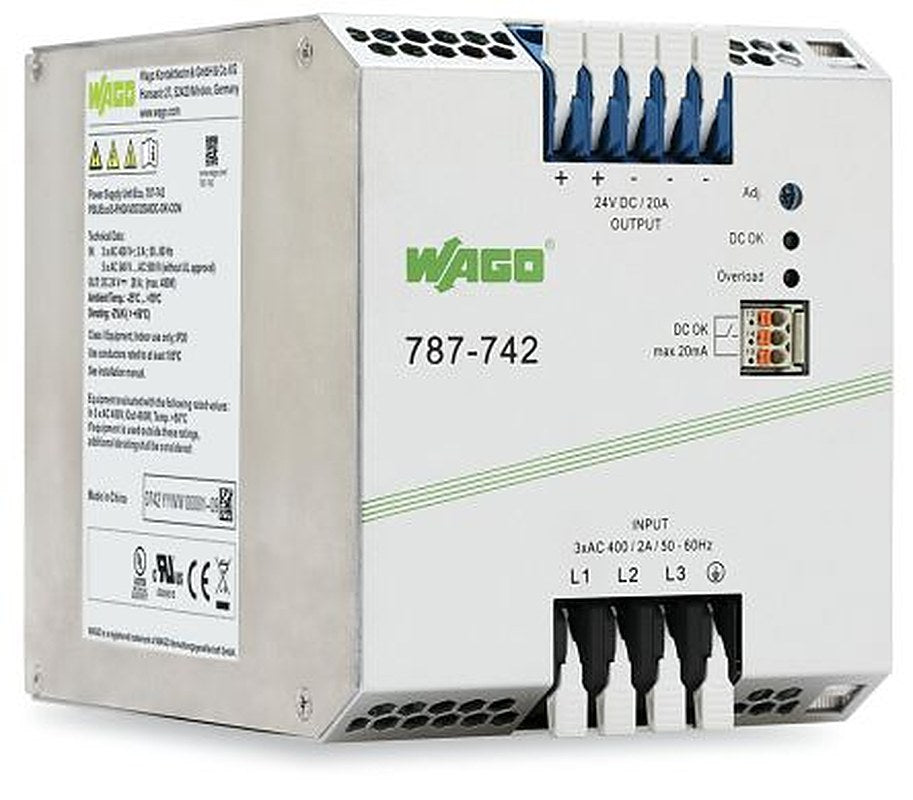 WAGO 787 Switched Mode DIN Rail Power Supply 400V ac/dc AC/DC Input 24V dc, 20 A Output DC 480 W