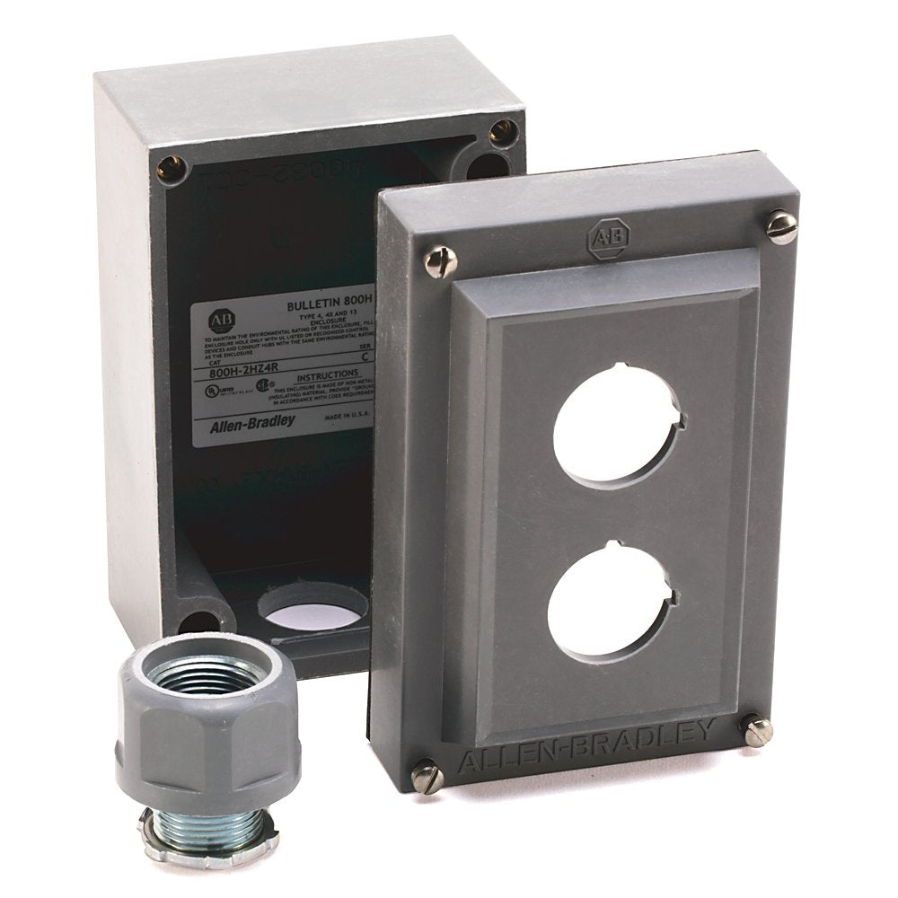 800T and 800H Accessories, Push Button Enclosure, ROSITE Glass Polyester, 1 Hole with 1 3/4 in. Diameter Hub, Type 4/4X/13. Stainless Steel 304 Material used on Base and Cover (material thickness 0.060 inches). Bottom Conduit Entry, one hole, 3/4 inch knockout, supplied with 1490-N9 conduit hub. Grounding screw provided inside enclosure. Suitable for field replacement for existing Pushbutton Stations or can be used for field assembly of complete pushbutton stations.