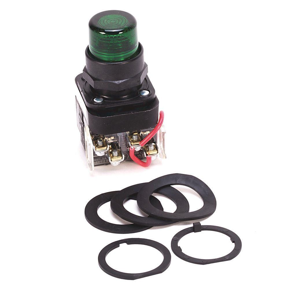 30.5mm Type 4/4X/13 Pilot Light, Xfmr, Push-to-Test, Incand., Green, 120V AC 50/60 Hz, 1 NO-1 NC