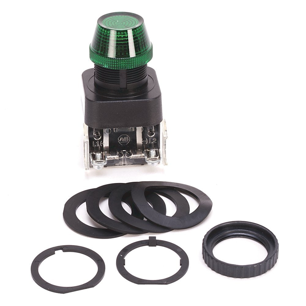 30.5mm Type 4/4X/13 Pilot Light, Full Voltage, No Test Option, Incand., Green, 120V AC