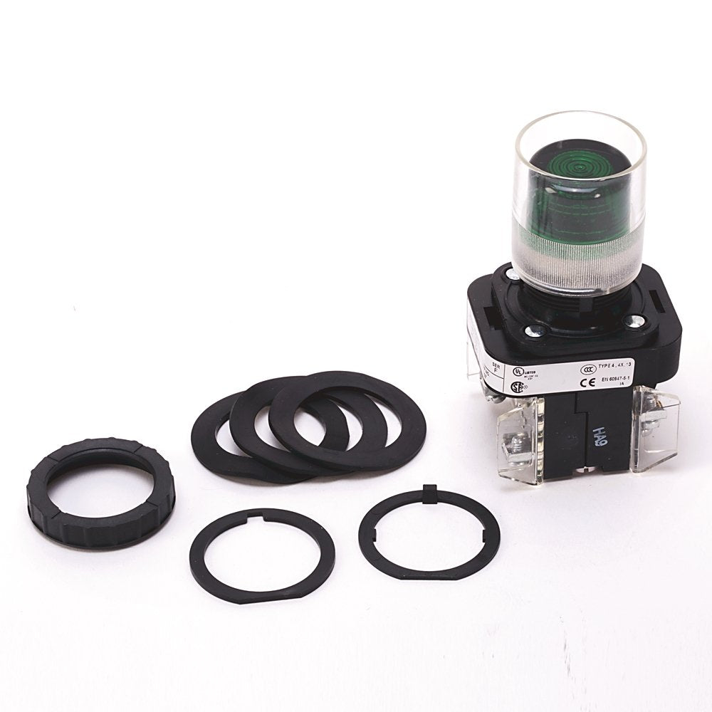 30.5mm Type 4/4X/13 Mom. Contact PB-Illum., Green, Ext. Hd w/ Guard, Incand./No Options, 24V AC/DC, 1 NO-1 NC