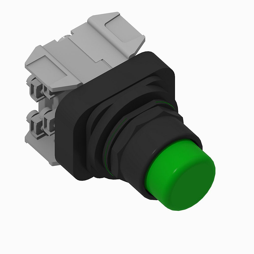 30.5mm Type 4/4X/13 Mom. Contact PB-Illum., Green, Ext. Hd w/o Guard, Incand./No Options, 24V AC/DC, 2 NO