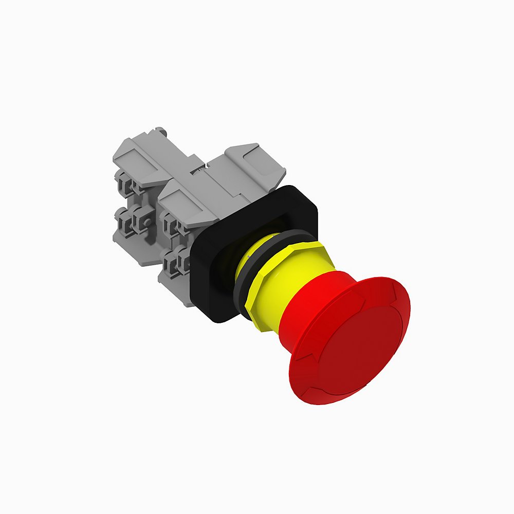 Illuminated Trigger Action Two Position Maintained, Twist Release, Red 60mm Plastic Head, with "E-Stop" on cap, Full Voltage with LED Lamp,12 - 130V AC/DC, No Guards on Terminals, Traditional Contact Block Code: 2-NO 2-NC Standard Contacts,