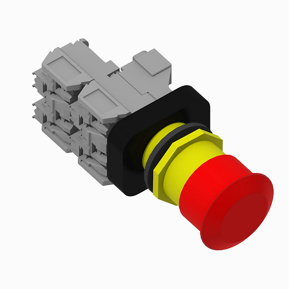 Illuminated Trigger Action Two Position Maintained, Twist Release, Red 45mm Plastic Head, with No legend on cap, Full Voltage with LED Lamp,12 - 130V AC/DC, Finger Guards on Terminals, Traditional Contact Block Code: 2-NO 2-NC Standard Contacts,