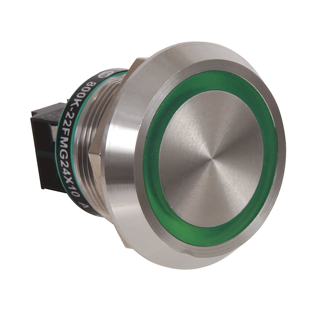 800K Piezo Operators, 22.5 mm Operator Size, Flush, Momentary Operator Type, Green, 24V DC, 1 N.O. Contact Block, Custom text - font size 12 pt