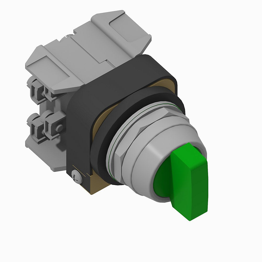 30.5mm Type 4/13 Sel. Switch-Illum., 3 Pos.Full Voltage, 12-130V AC/DC, Green, Std. Knob Spring Rtn fr/ Both