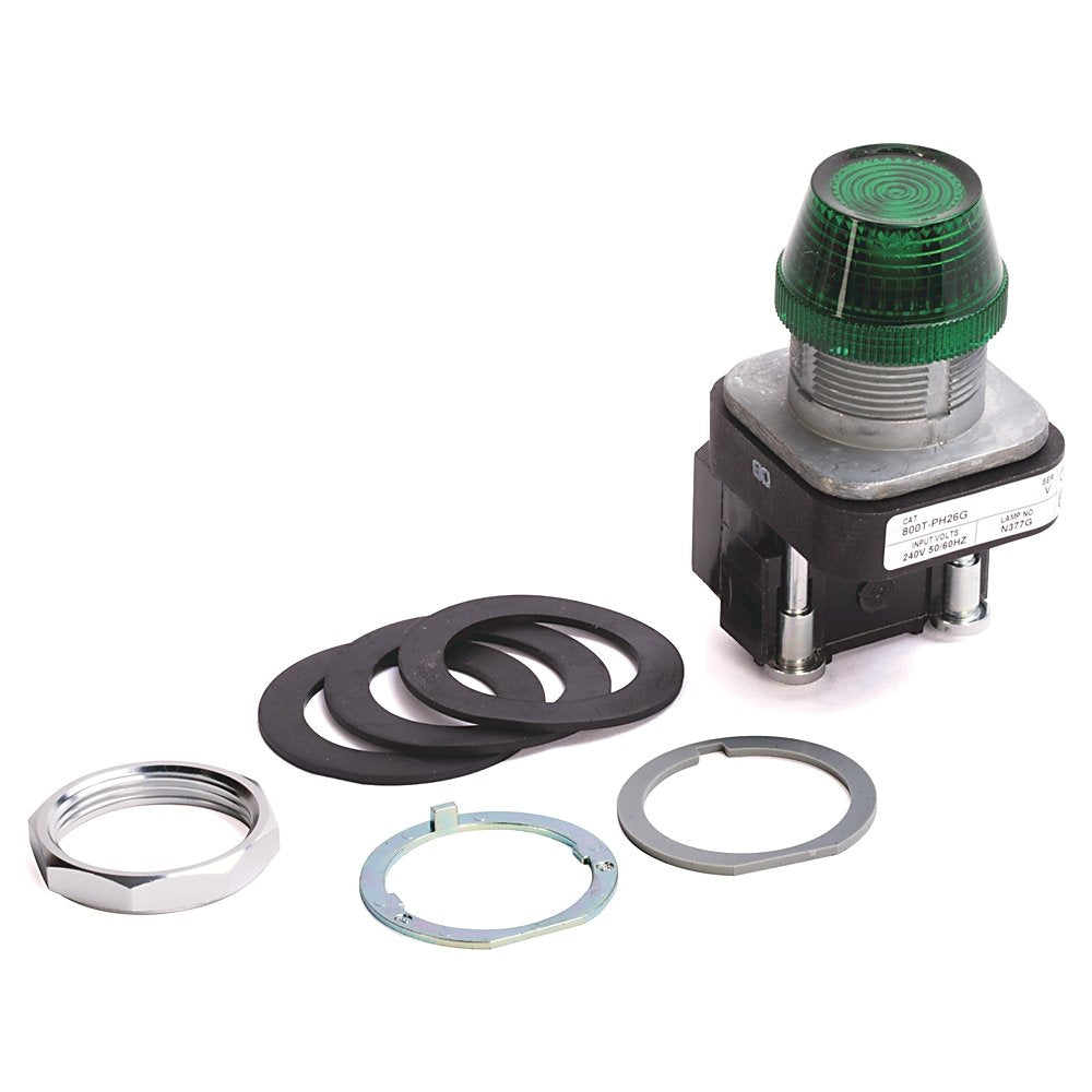 30.5mm Type 4/13 Pilot Light, Xfmr, No Test Option, LED, Green, 240V AC 50/60 Hz