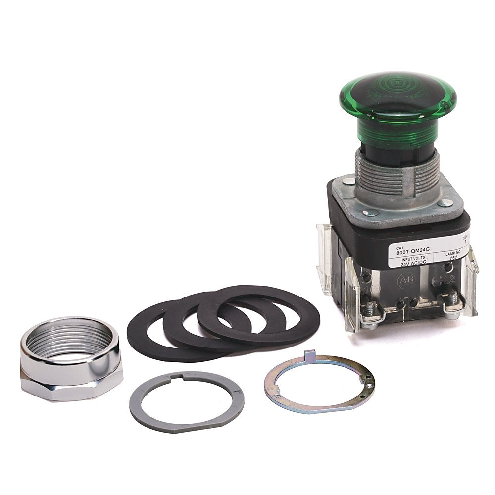 30.5mm Type 4/13 Mom. Contact PB-Illum., Green, Mushroom Hd, Incand./No Options, 24V AC/DC, 1 NO-1 NC