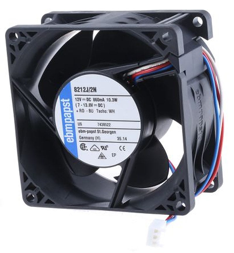 ebm-papst 8200 J Series Axial Fan, 12V dc, 132 m³/h, 10 W, 833 mA Max, IP20 80 mm 80mm 38 mm