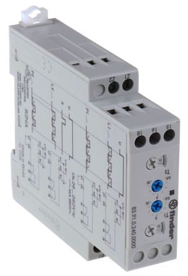 Finder 83 Series DIN Rail Timer Relay, 1-Contact, 24 V dc 24V ac, 240 V ac, 1-Function, SPDT Switch Configuration