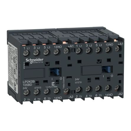 Schneider Electric LP2K09105BD TeSys K reversing contactor, 3 poles (3NO), for motor control applications up to 6A/690V AC-3 (2.2kW@400V). It provides 24V DC coils, 2NO built-in auxiliary contacts, connection by solder pins for printed circuit board. For operating rates until 600 cycles/hour in AC-3 and environments until 50Â°C, it procures reliability and durability to standard applications. Compact (90mm width), DIN-rail mounting or screw fixing. With mechanical interlock (without electrical interlocking)