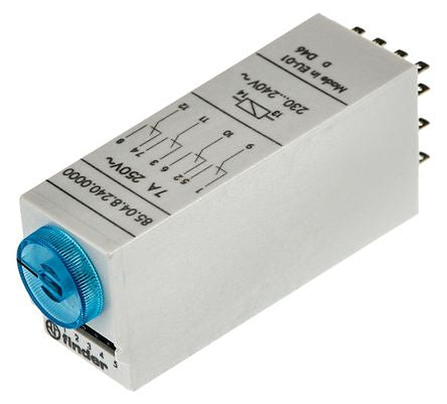 Finder 85 Series Timer Relay, 4-Contact, 110 to 125 V dc 230V ac, 0.05 to 100 s, 3 to 100 min, 5 to 100 min,
