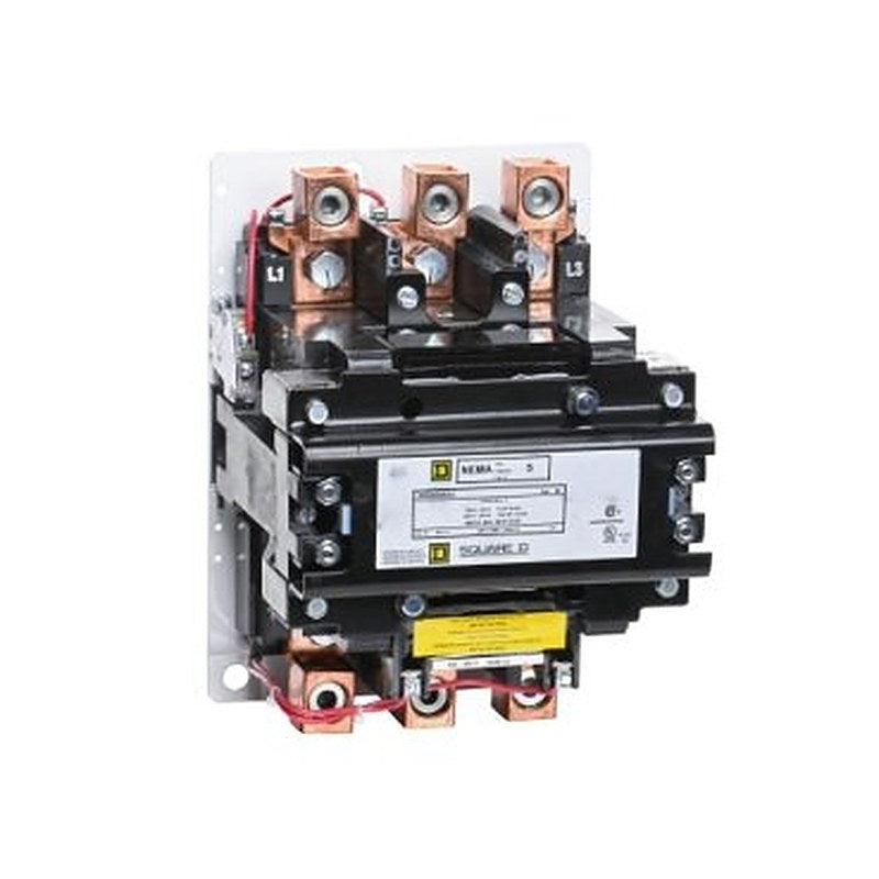 NEMA Contactor, Type S, nonreversing, Size 5, 270A, 200HP at 575VAC, 3 phase, up to 100kA, 3 pole, 480VAC coil, open [TAA] (NEMA Contactor Type S) is a Schneider Electric product. Designed for reliable performance and long service life. Available across Iraq — contact us for pricing and delivery options.