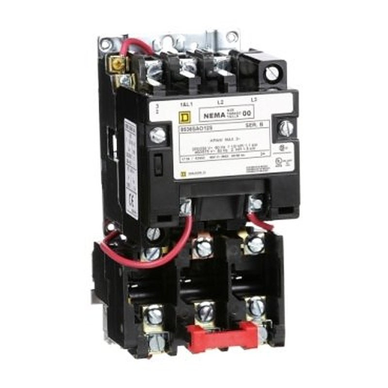 NEMA Motor Starter, Type S, nonreversing, Size 00, 9A, 2 HP at 460 VAC, 5 kA SCCR, 3 phase, 3 pole, melting alloy, 240 VAC coil, open [TAA] (NEMA Motor Starter Type S) is a Schneider Electric product. Designed for reliable performance and long service life. Available across Iraq — contact us for pricing and delivery options.