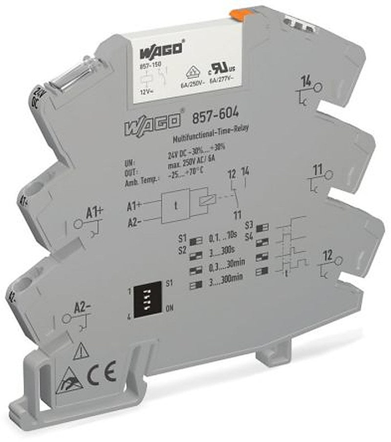 WAGO 857 Series DIN Rail Timer Relay, 1-Contact, 250 V dc 250V ac, 0.1 s to 300 min, 1 CO Switch Configuration