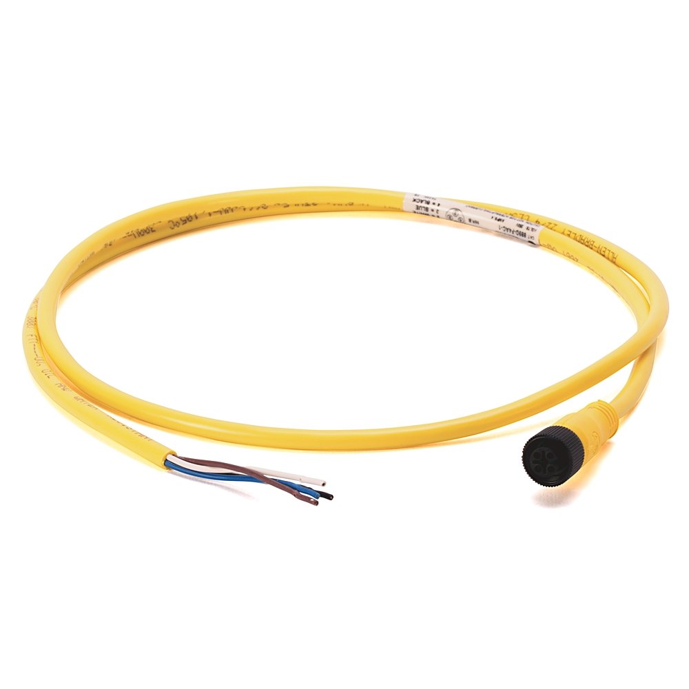 Patchcord: DC Micro (M12), Female, R-Ang, 4-Pin, PVC Cable, Yellow, Unshielded, No Color Code- Patchcord Cable, Mini, Male, Straight, 1 meter (3.28 feet), 18AWG
