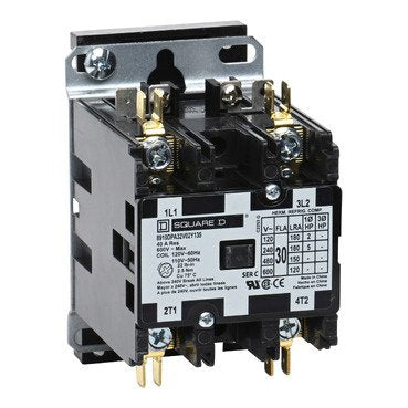Contactor, Definite Purpose, 30A, 2 pole, 5HP at 230VAC, 1 phase, 110/120VAC 50/60Hz coil, open, DIN rail mount (Contactor Definite Purpose) is a Schneider Electric product. Designed for reliable performance and long service life. Available across Iraq — contact us for pricing and delivery options.