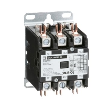 Contactor, Definite Purpose, 40A, 3 pole, 25HP at 575VAC, 3 phase, 380VAC 50Hz coil, open (Contactor Definite Purpose) is a Schneider Electric product. Designed for reliable performance and long service life. Available across Iraq — contact us for pricing and delivery options.