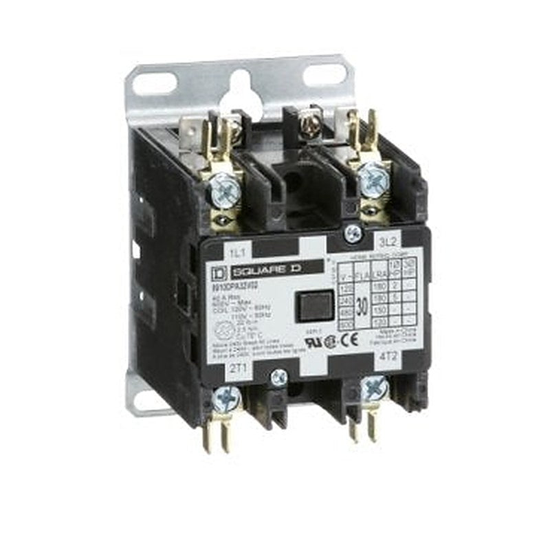 Contactor, Definite Purpose, 30A, 2 pole, 5HP at 230VAC, 1 phase, 110/120VAC coil at 50/60Hz, open (Contactor Definite Purpose) is a Schneider Electric product. Designed for reliable performance and long service life. Available across Iraq — contact us for pricing and delivery options.