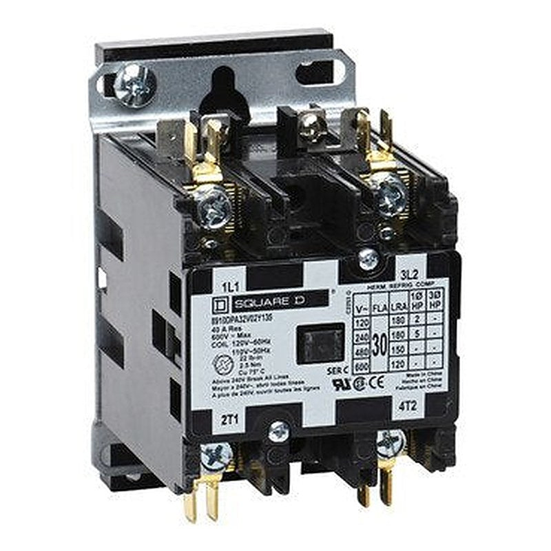 Contactor, Definite Purpose, 30A, 2 pole, 5HP at 230VAC, 1 phase, 110/120VAC 50/60Hz coil, open, DIN rail mount (Contactor Definite Purpose) is a Schneider Electric product. Designed for reliable performance and long service life. Available across Iraq — contact us for pricing and delivery options.