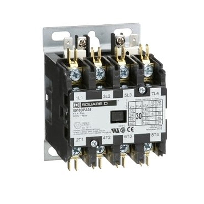 Contactor, Definite Purpose, 30A, 4 pole, 20HP at 575VAC, 3 phase, 208/240VAC 60Hz 220VAC 50Hz coil, open (Contactor Definite Purpose) is a Schneider Electric product. Designed for reliable performance and long service life. Available across Iraq — contact us for pricing and delivery options.