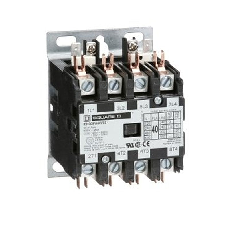 Contactor, Definite Purpose, 40A, 4 pole, 25HP at 575VAC, 3 phase, 110/120VAC 50/60Hz coil, open (Contactor Definite Purpose) is a Schneider Electric product. Designed for reliable performance and long service life. Available across Iraq — contact us for pricing and delivery options.
